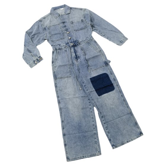 
Personalized street design heavy-duty washed blue denim lapel wide-leg jumpsuit Y013 free shipping for men and women