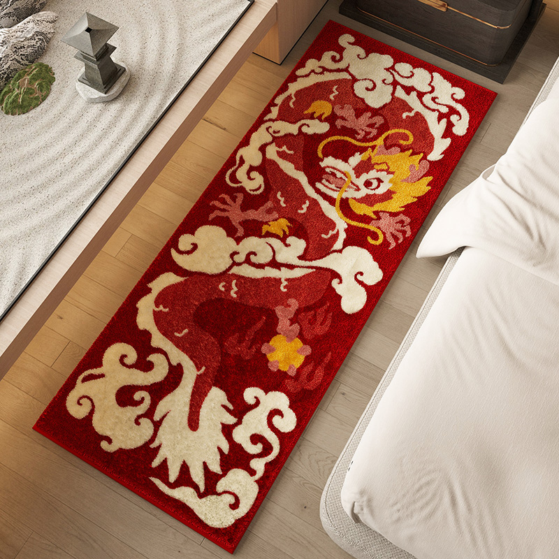 新中式龙年地毯仿羊绒卧室床边毯高级感客厅地毯新年红色加厚地垫