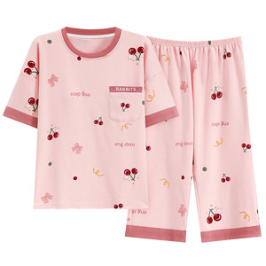 
Summer short-sleeved cropped pants pajamas set for women with breast pads integrated loose thin large-size summer home clothing