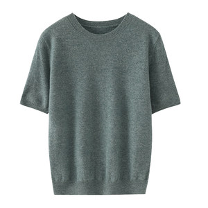 Spring men's short-sleeved T-shirt sweater loose quarter-sleeved knitted solid color wool thin top cashmere half-sleeved
