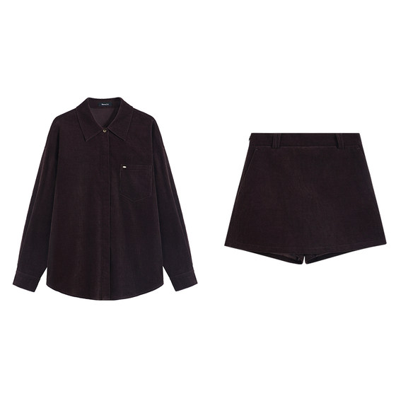 
Maven Lin Gaozhi Selection Classic Lapel Corduroy Shirt Jacket Feminine A-Line Short Skirt Suit