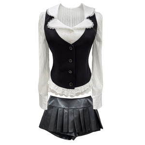 
Bear Bear House [Private School Beauty] Girl Group Lace Shirt Vest Pleated Leather Skirt JK Three-piece Set