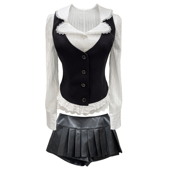 
Bear Bear House [Private School Beauty] Girl Group Lace Shirt Vest Pleated Leather Skirt JK Three-piece Set