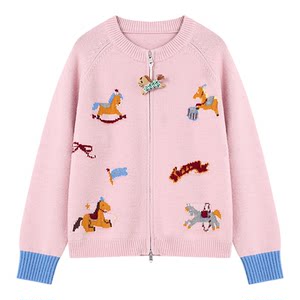 
Basic House/Baijiahao Pony Embroidered Knitted Cardigan Women's 2026 New Contrast Color Zipper Sweater Jacket