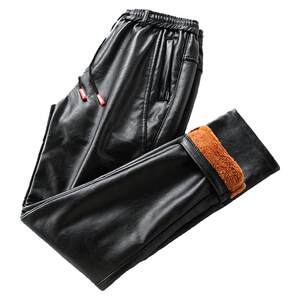 Leather pants men with velvet thick windproof, waterproof and slim feet winter motorcycle riding fur integrated tight -fitting warmth