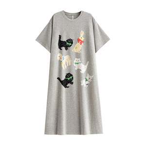 
Yue Nei nightgown women's pajamas summer pure cotton home clothes loose large size cartoon cat casual and can be worn outside