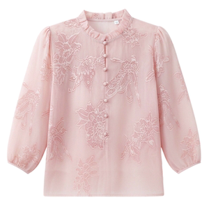 
French fungus pink jacquard shirt for women 2026 spring and summer new fashion slimming three-quarter sleeve thin top