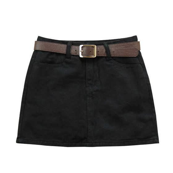 Black denim skirt Female Mid -waist Autumn and Winter New Simple Slim Slim Slim Slotter