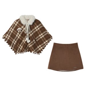 
Fabric Pig Velvet Mocha Girly Plaid Cape Jacket Suit Women's Autumn and Winter Lazy Shawl Top Short Skirt