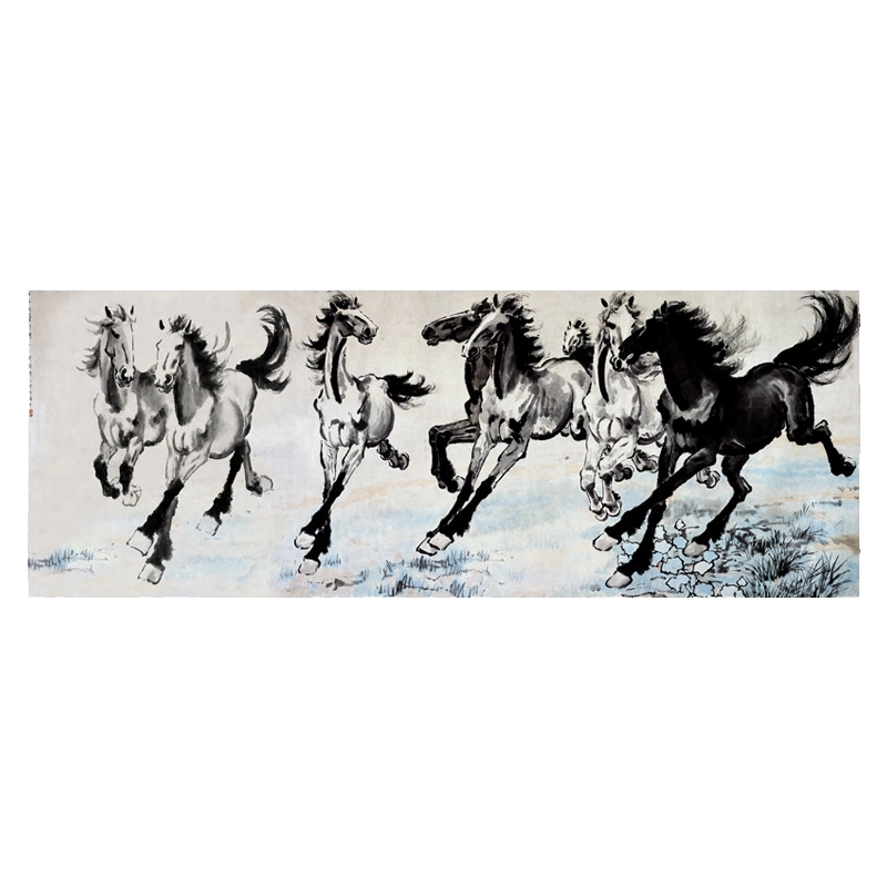 中国美術 『 徐悲鴻 八駿圖 』掛け軸 紙本 美術教育家 伝來書画 JT04