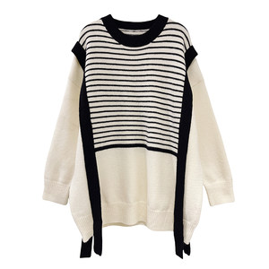 
misslady color-blocked lazy striped round neck sweater, Korean style, loose, elegant and versatile for women, 2025 new style