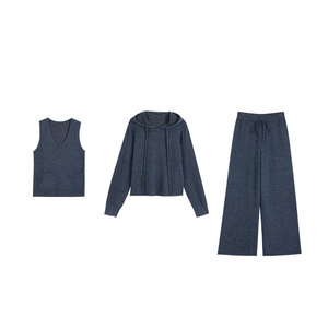 
pusumede casual and relaxed 100% wool hooded sweater women's V-neck vest top loose wide-leg pants suit