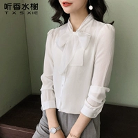 Рубашка, белый шифоновый топ с бантиком, осенняя, длинный рукав, в корейском стиле