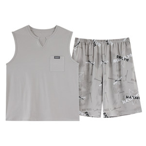 
Lyocell cotton pajamas for men summer loose sleeveless vest shorts teenagers Korean fashion home wear set