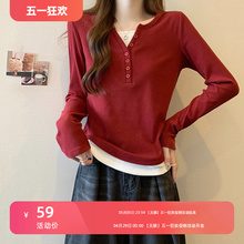 Red V-neck shoulder long sleeved T-shirt for women in spring, new size, chubby mm, slimming off, fake two-piece inner layered shirt top