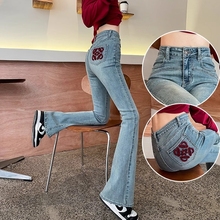 Cowboy flared pants for women's summer 2024, new high waisted pear shaped figure, slim and tall, retro embroidered floor long pants