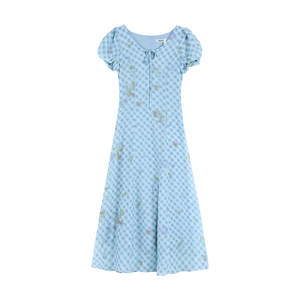 
pusumede [30% off in stock] South French artist v-neck plaid dress puff-sleeved waist long skirt