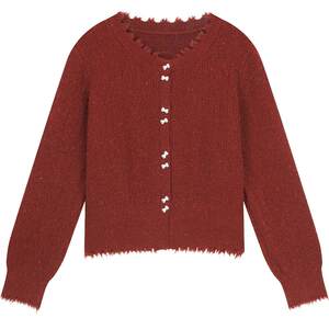 
Fairy Pocket Bow Red Bright Silk Sweet Sweater Women's 2026 Spring and Autumn New High-end Cardigan Jacket