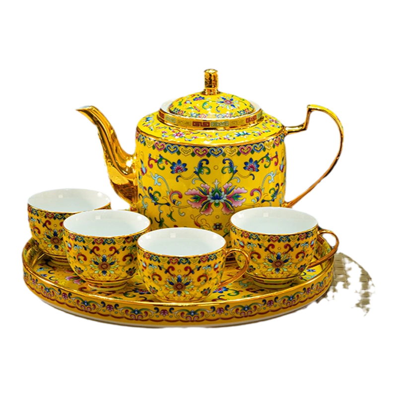 景德镇珐琅彩提梁壶茶具陶瓷水具套装客厅家用茶盘大容量茶杯水壶 