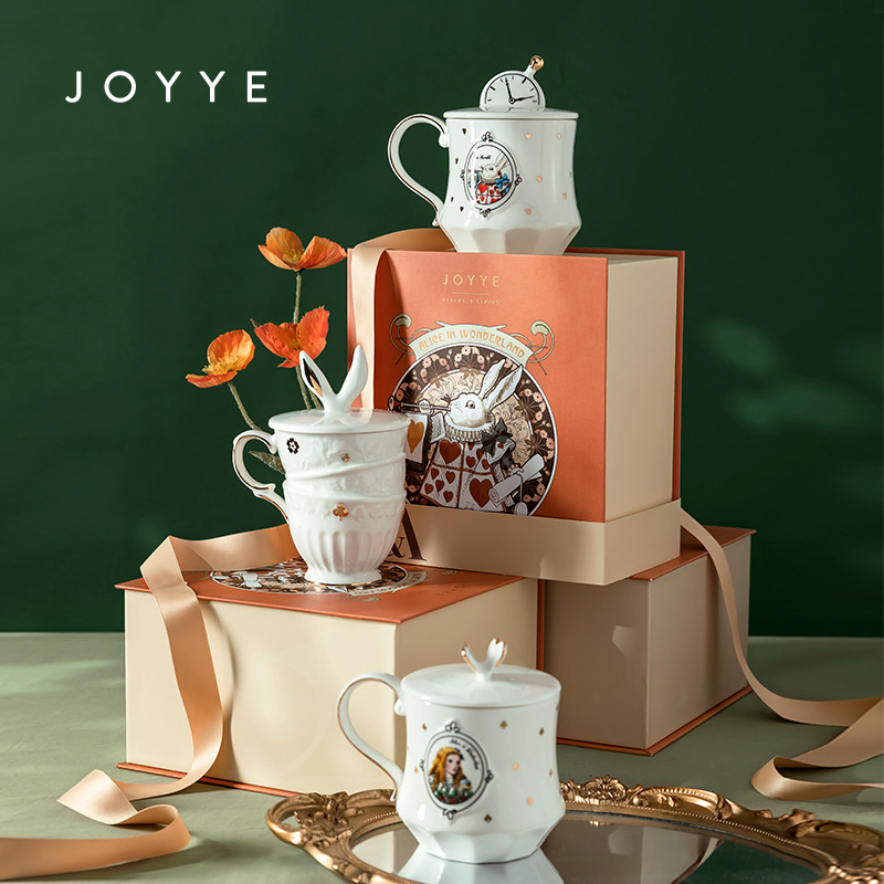 JOYYE爱丽丝马克杯礼盒女陶瓷水杯情侣带盖咖啡杯子创意生日礼物