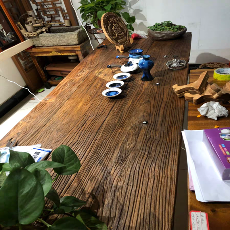老榆木门板茶桌吧台板旧木头复古怀旧风化木板原木火锅桌茶台定做