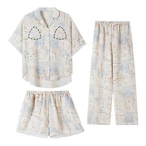 
Li Yin summer style bubble cotton ladies lapel tassel pajamas summer short-sleeved trousers can go out as home wear three-piece set