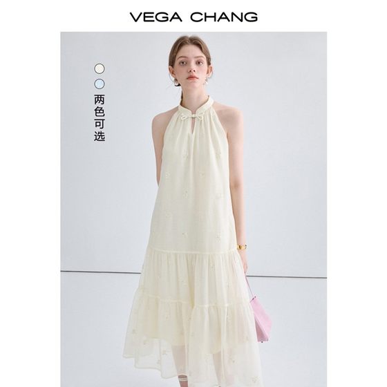 VEGA CHANG南法度假风连衣裙女2024年夏显瘦气质无袖挂脖蛋糕长裙