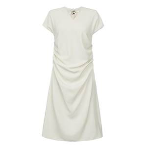 
sdeer San Dior women's summer clothing OL style V-neck pleated satin short-sleeved A-line dress S223Z12W2