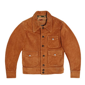 
Semi-lined tobacco-colored first-layer suede cowhide genuine leather jacket for men, American Western denim, three-pocket newsboy style