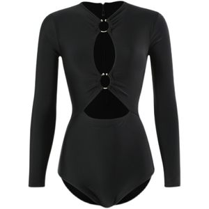 Youth Qi's Original New Long sleeved High Neck Deep V Slightly Sexy European and American Vintage Hot Spring Black Triangle jumpsuit for Women
