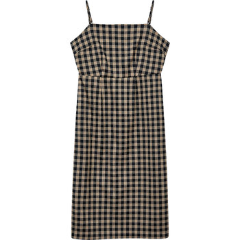 
DM100 large size 100% women's clothing slightly fat mm autumn retro layered inner wear brown plaid suspender dress