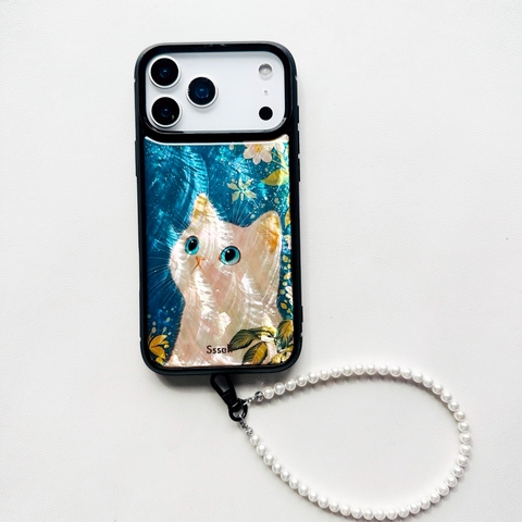 White Cat Blue Floral Pearl Strap iPhone Case