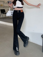 Джинсы женские 辣妹黑色牛仔裤女夏季薄款高腰显瘦设计感小众开叉微喇叭马蹄裤子