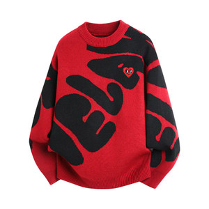 
Charles heart red round neck sweater for men and women couple letter jacquard sweater animal year new year bottoming shirt