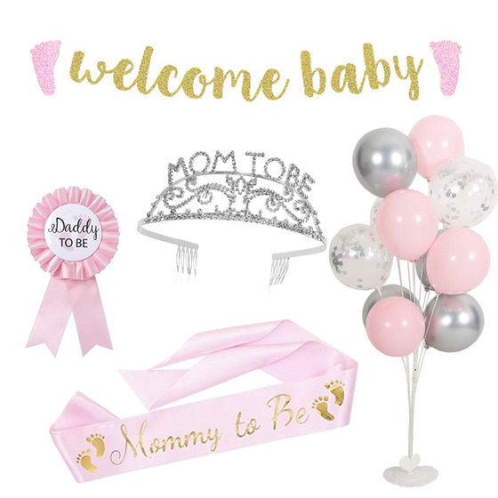 baby shower装饰肩带头箍mom to be胸章准妈妈迎婴派对布置用品