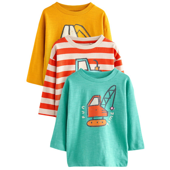 
British NEXT baby boy's round neck spring and autumn pure cotton long-sleeved T-shirt boy's excavator engineering vehicle embroidery print pattern