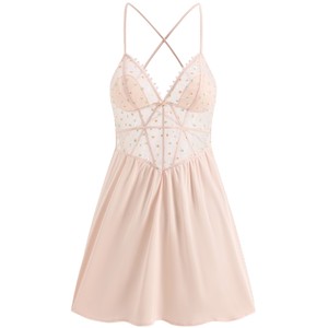 
MYBODY Shopping Mall Same Sling Night Dress for Women with Chest Pads Sexy Pure Abstinence Backless Lace Mesh Paddy