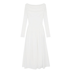 MULVAN French White One Shoulder Knitted Dress for Women's High Grade Style Long sleeved Off the Shoulder Waist A-line Long Dress