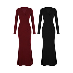 
XULU original temperament solid color merino mousse velvet elegant fishtail skirt sexy high waist hip V-neck dress