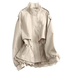 
Solid color waist-closing lace lace stand collar casual jacket 2025 spring new small short jacket women's windbreaker J745