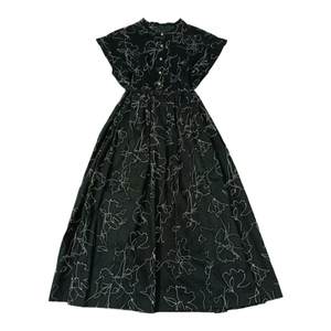 
French retro pleated dress with large size printed blend loose high waist slim stand collar midi skirt small flying sleeves