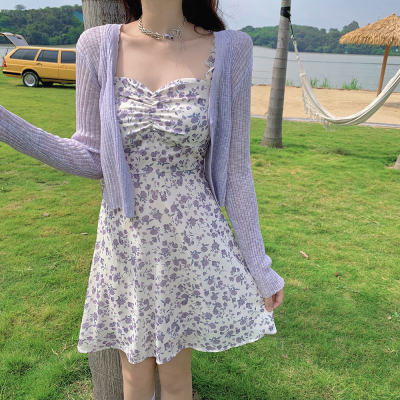 taobao agent Purple summer slip dress, set, plus size, french style, floral print