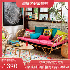 спальня из ротанга ins真藤休闲床北欧日式民宿小孩床藤编艺术沙发床酒店客栈儿童床