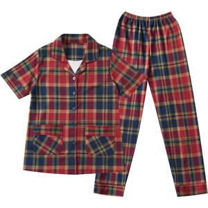 
Round pajamas for women in summer pure cotton short-sleeved trousers thin plaids for middle-aged and elderly spring and autumn home clothing set
