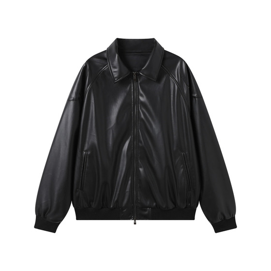 
MORITAKE spring short PU leather jacket for men and women American high street high-end handsome off-shoulder leather jacket