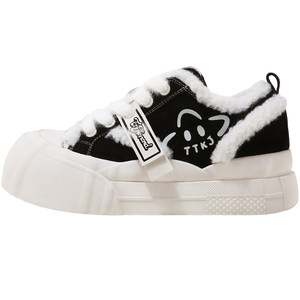 
TTKJ black canvas shoes plus plush fur sneakers for women winter thick-soled heightening casual sports versatile warm cotton shoes