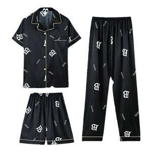Cool ice silk three-piece set for men's pajamas short-sleeved trousers in summer thin loose large size for outdoor wear
