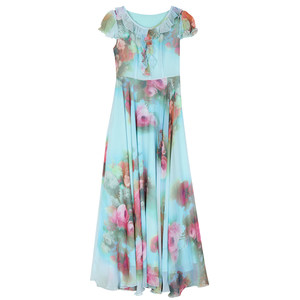 2022 Summer chiffon dress summer long skirt, high waist, thin waist, short -sleeved Korean version of Bohemian beach
