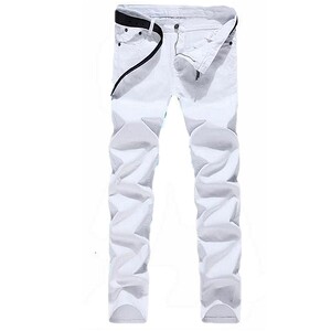 White denim men's tide solid color trousers four seasons daily small foot pants elastic middle waist young man pants