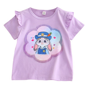 
Girls' pure cotton Zootopia Judy Nick color-changing sequined T-shirt summer little girl baby girl children's short-sleeved top